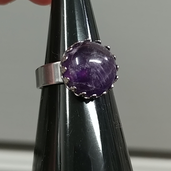 Amethyst Ring Natural Gemstone Adjustable Stainless-Steel Ring Amethyst Crystal - Picture 6 of 12